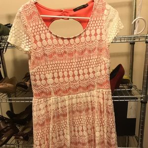 Crochet cream overlay coral dress with cut out
